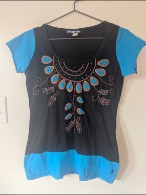 Black and Turquoise Embroidered Women's Scoop Neck Top S